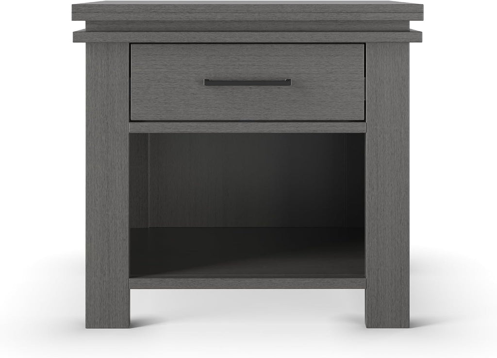 Child Craft Denman Nightstand, 25" W Craftsman Style Nursery Nightstand with Drawer and Open Shelf, Metal Handle, Midnight Gray