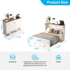Mjkone Full Murphy Bed Cabinet with Tri-Folding Mattress, Distressed Wooden 57" W Cabinets Wall Chest Beds with Built-in Charging Station & Storage Drawer for Office Guest Bedroom Living Room, White
