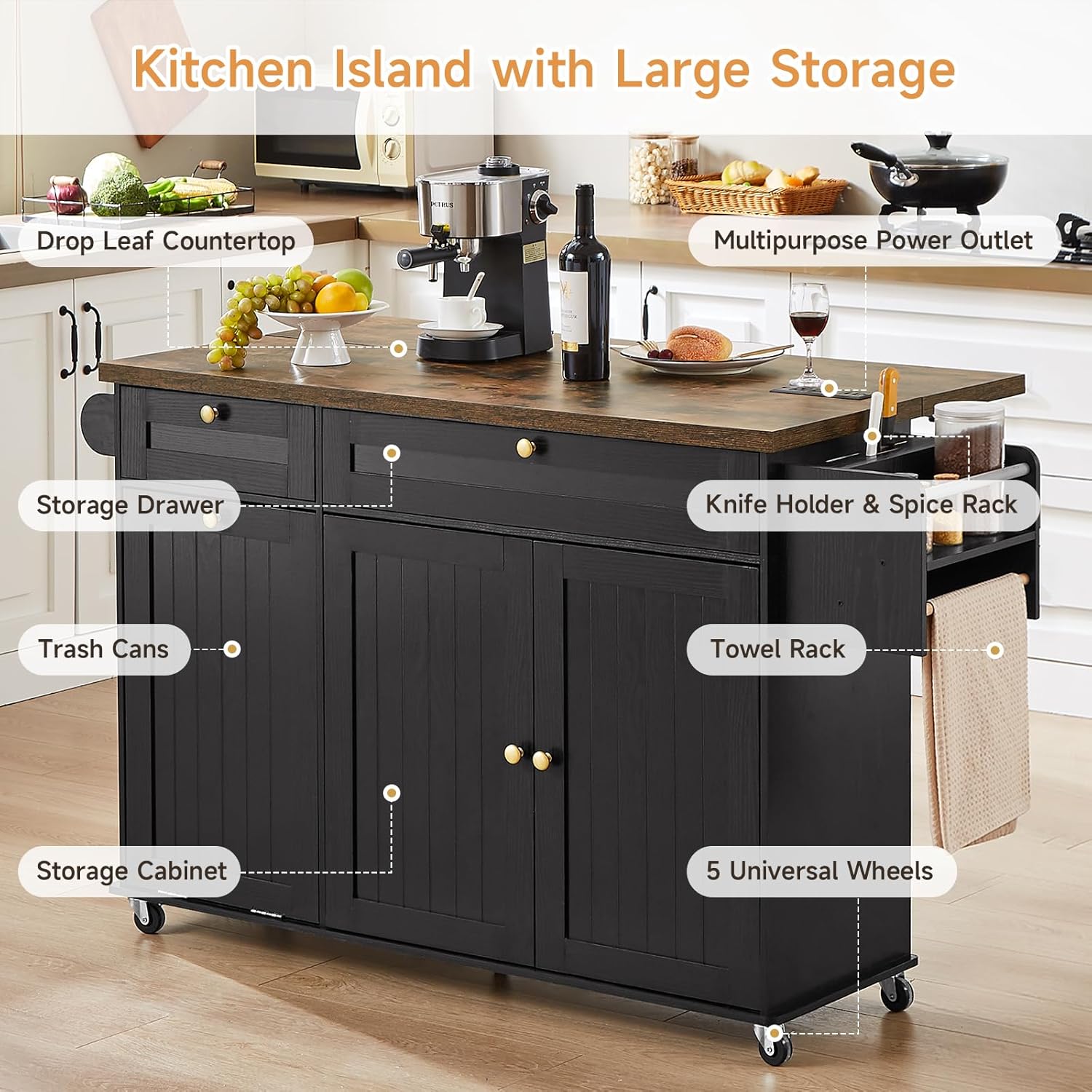 ONBRILL 60" Kitchen Island with Power Outlet & Drop Leaf, Rolling Island with Spice Rack & Towel Rack, Kitchen Island Cart with Trash Storage Cabinet, Island Table for Kitchen, Black+Rustic Brown