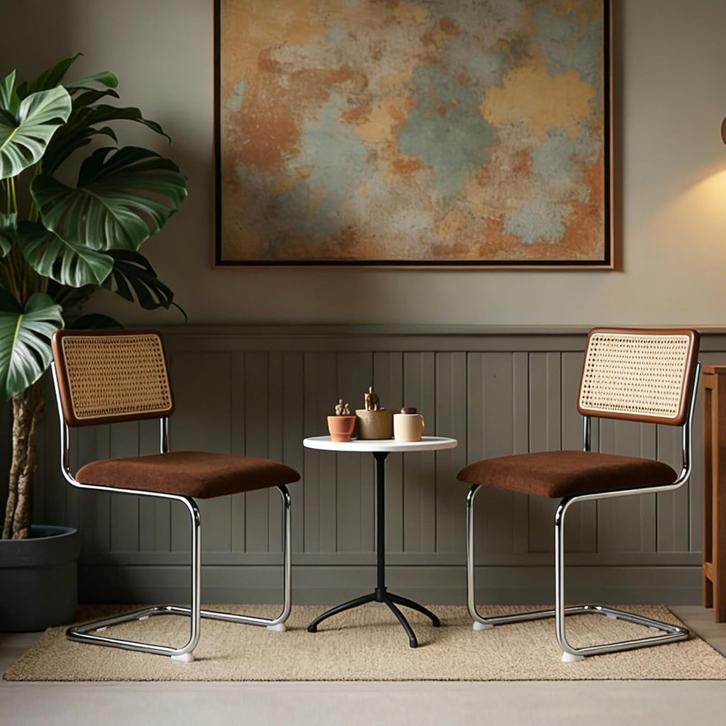 Zesthouse Rattan Dining Chairs Set of 4, Mid Century Modern Dining Room Chairs with Natural Cane Mesh & Chrome Base, Brown Cesca Chair Chenille Fabric, Farmhouse Kitchen Chair with Solid Wood Back