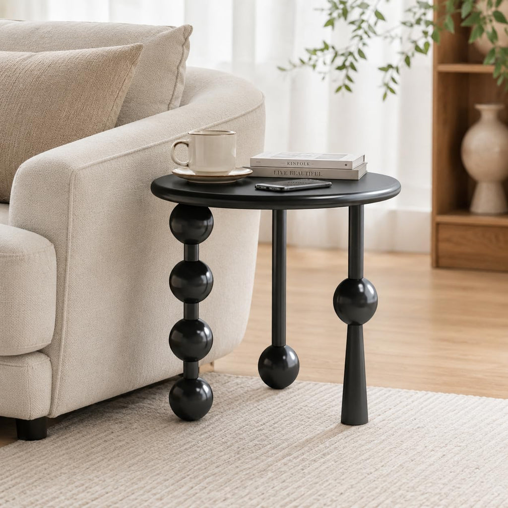 Modern Round Side Table for Living Room, 19.69" Solid Wood Side Table, Sofa Side Bedside Table with Funny Wood Globe Legs, Round Coffee End Table,(Black)