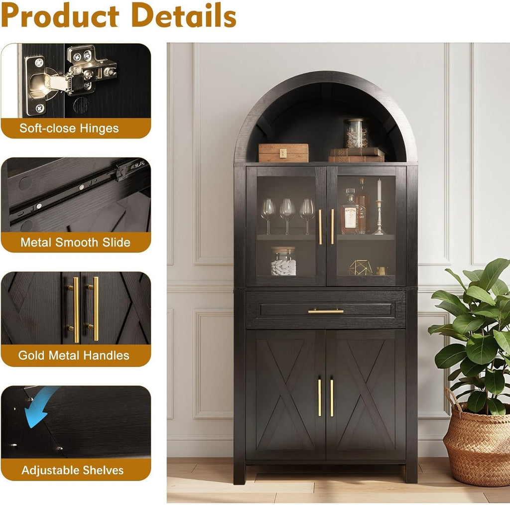 71" Kitchen Pantry Cabinet with Glass Doors and Barn Door, Farmhouse Storage Cabinet with Adjustable Shelves, Arched Design Buffet Hutch for Kitchen, Dining Room