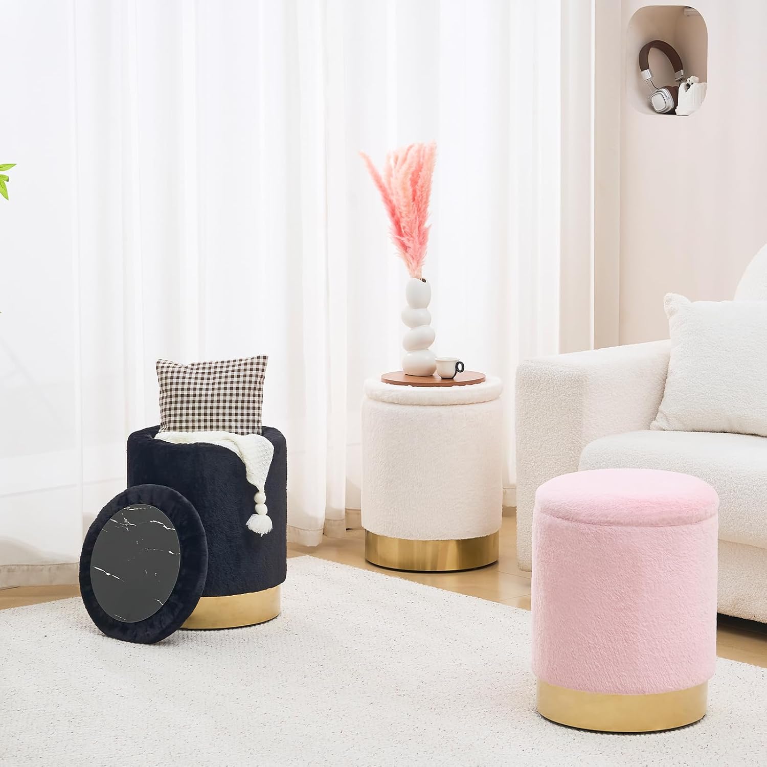 Storage Ottoman,Metal Base Vanity Stool Chair,Modern Round Footstool with Soft Padded Seat,Multipurpose Sofa Table or Plant Stand for Hallway,Living Room and Lounge (Black-Short Plush)