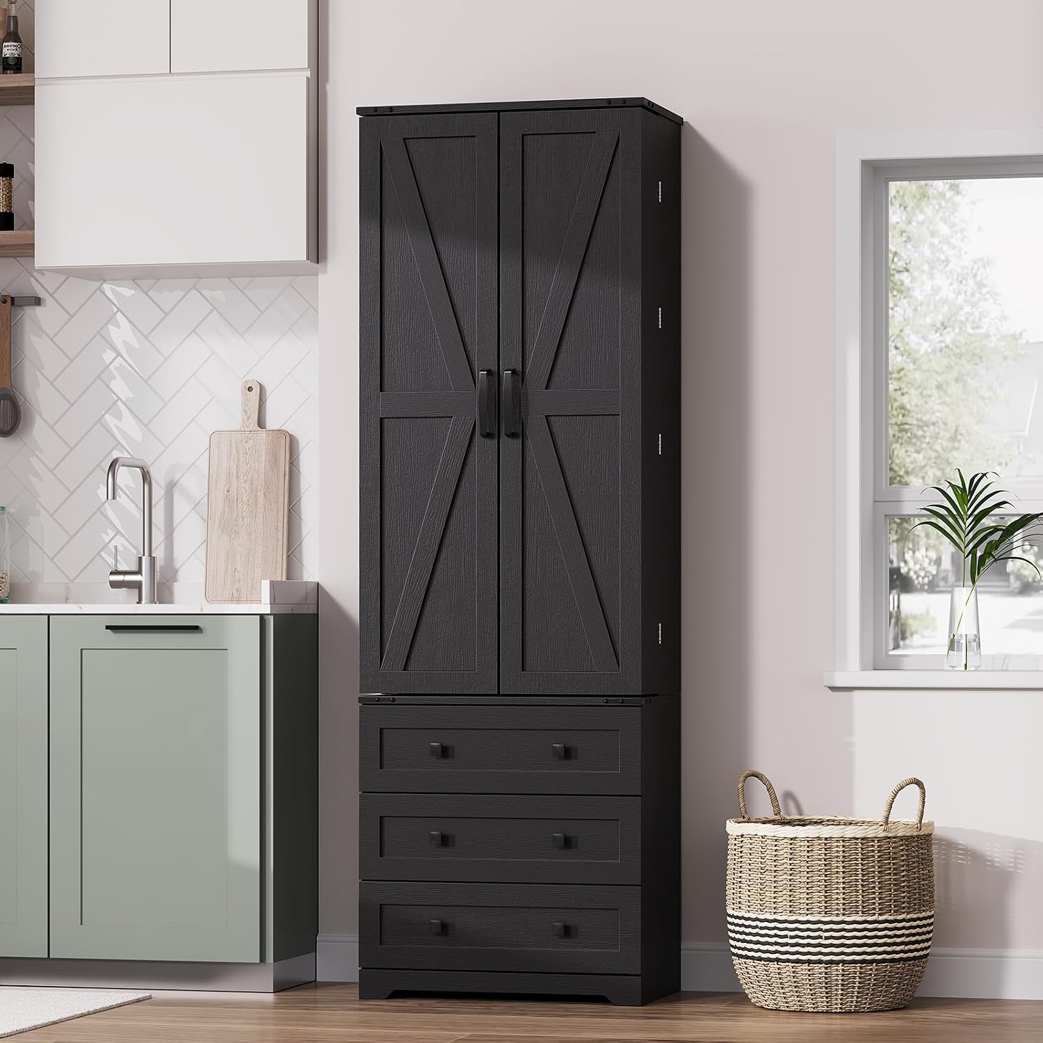 IDEALHOUSE Farmhouse Kitchen Pantry Cabinet - 72" Tall Large Wood Kitchen Storage Cabinets with Adjustable Shelves & 2 Barn Doors & 3 Drawer, Versatile Storage for Dining Room, Bathroom, Living Room
