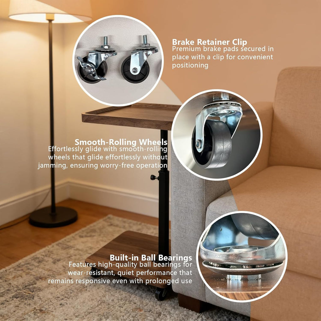 TV Tray Table with Phone Stand & Non-Slip Mat, C Table End Table Height Adjustable, 360° Swivel Side Table with Wheels, Slide Under Sofa Table for Couch Bed Recliner Living Room Small Spaces (1 set)