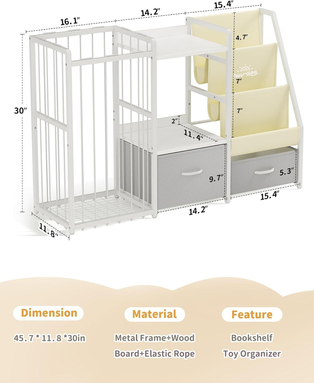 Twinkoo Kids Bookshelf and Toy Storage, Large 3 Tier Book Shelf for Kids Rooms, Sling Baby Bookcase with Stuffed Animal Storage, Toddler Montessori Bookshelf (Grey, 3 Column)