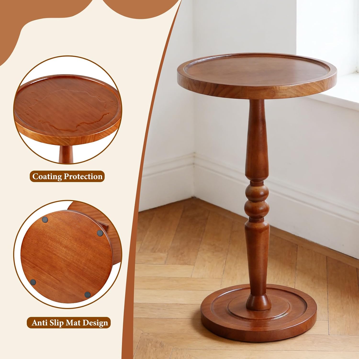 Small Side Table for Small Spaces, Rustic Circle End Table with Natural Solid Wooden Top, Pedestal and Leg, Walnut wood Accent Drink Tables for Livingroom, Bedroom, Sofa, Corner, Coffee, Office, Couch