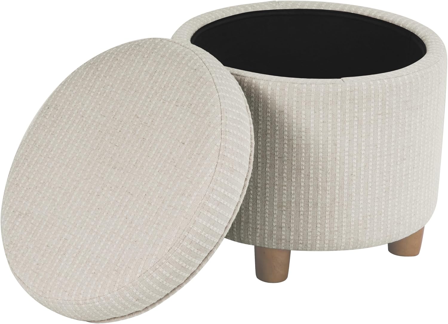 Homepop Home Decor | Upholstered Round Storage Ottoman | Ottoman with Storage for Living Room & Bedroom, White Woven Stripe