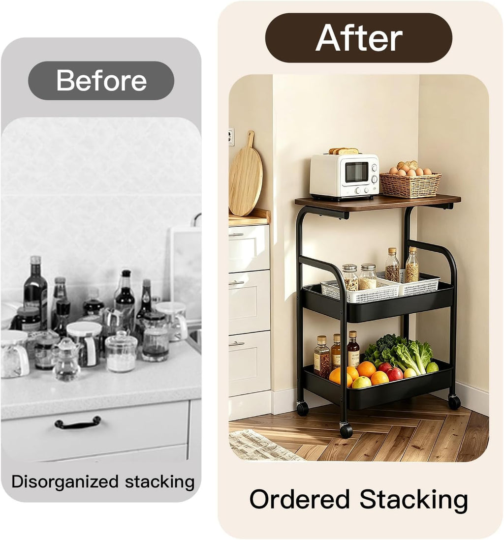 3 Tier Rolling Cart with Walnut Table Top, Sturdy Metal Storage Cart with Lockable Wheels, Multi-Purpose Mobile Shelf for Kitchen, Bedroom, Snacks, Coffee, Craft, Makeup, Garage (Black)
