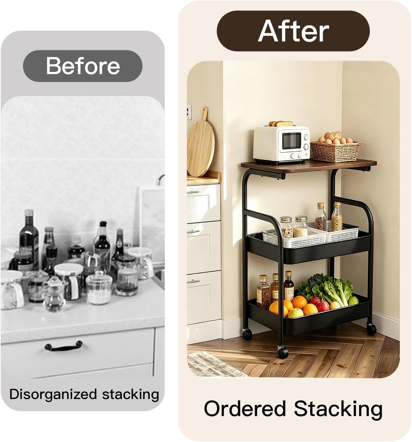 3 Tier Rolling Cart with Walnut Table Top, Sturdy Metal Storage Cart with Lockable Wheels, Multi-Purpose Mobile Shelf for Kitchen, Bedroom, Snacks, Coffee, Craft, Makeup, Garage (Black)