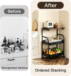 3 Tier Rolling Cart with Walnut Table Top, Sturdy Metal Storage Cart with Lockable Wheels, Multi-Purpose Mobile Shelf for Kitchen, Bedroom, Snacks, Coffee, Craft, Makeup, Garage (Black)