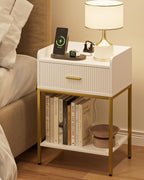 Nightstand with Charging Station, 3-Tier Bed Side Table, Small End Table, Night Stand with Open Shelf and Drawer, Bedside Table for Bedroom, Living Room, White