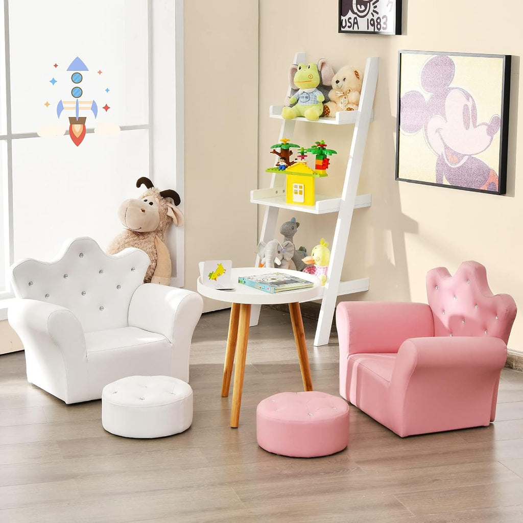 Toddler Chair, Toddler Chairs Comfy, Princess Kids Couch with Ottoman, Toddler Couch with Wooden Frame and PVC Leather, Kids Sofa for Girls and Boys, Ideal for Bedroom, Living Room