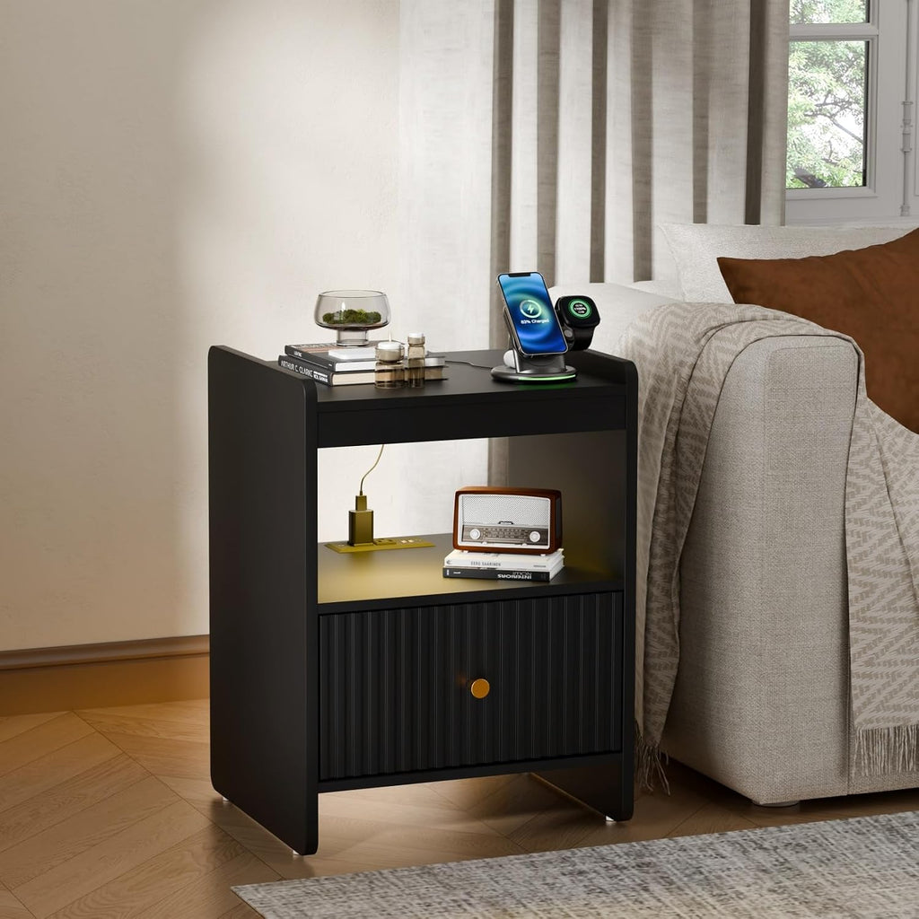HIFYOBRO 21.6" Fluted Nightstand, End Table with Charging Station and LED Light, Modern End Side Table with Drawer (Black)