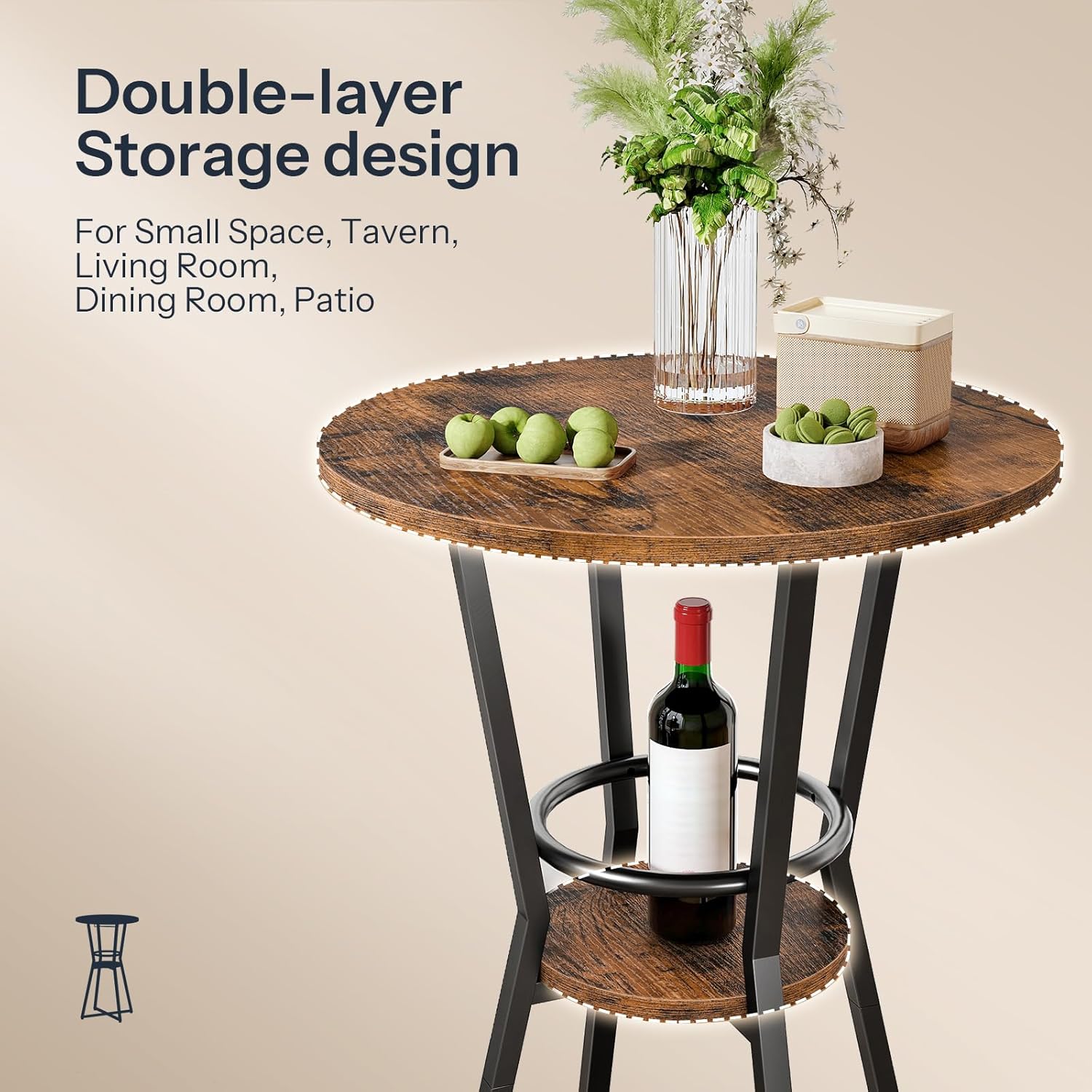 HOOBRO Round Bar Table, 2-Tier Counter Height Pub Table with Wine Glass Holder, Industrial Cocktail Table, for Small Space, Tavern, Living Room, Dining Room, Patio, Rustic Brown and Black BF62BT01G1