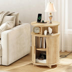 RALGEND Round Fluted End Tables, Round End Table with Charging Station, Fluted Sofa Side Table with Sliding Tambour Door and Storage, Mid-Century Nightstand for Living Room, Bedroom, Natural