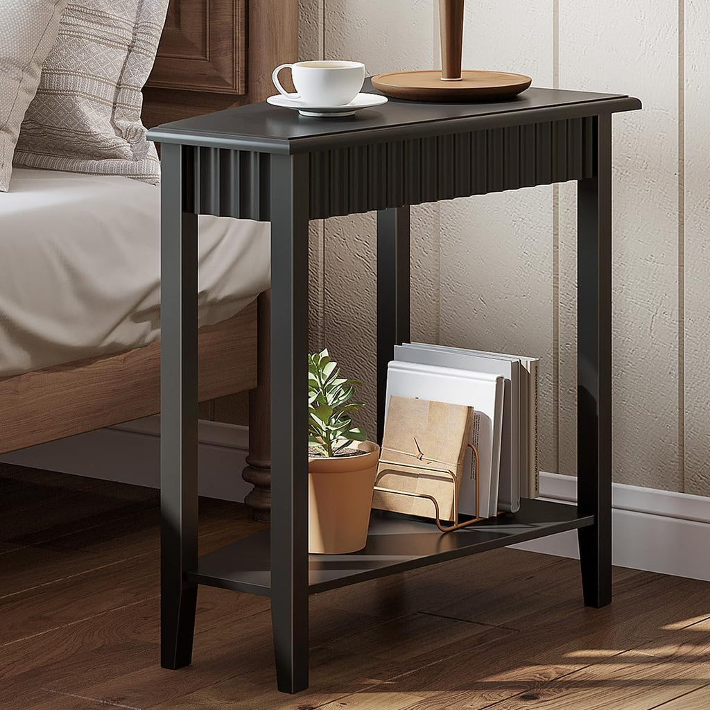 ChooChoo Fluted Recliner Side Tables Set of 2 with 2-Tier Storage Shelf | Wedge End Table for Small Space, Narrow Triangle Side Table for Corner, Living Room, Bedroom, Black