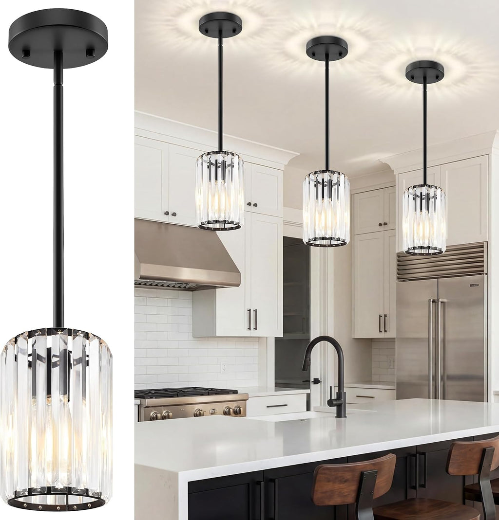 Black Pendant Light, Modern Crystal Pendant Lights Kitchen Island, Kitchen Island Lighting with Adjustable Height, UL Certified Island Lights for Kitchen Dining Room Bedroom Hallway 3 Pack