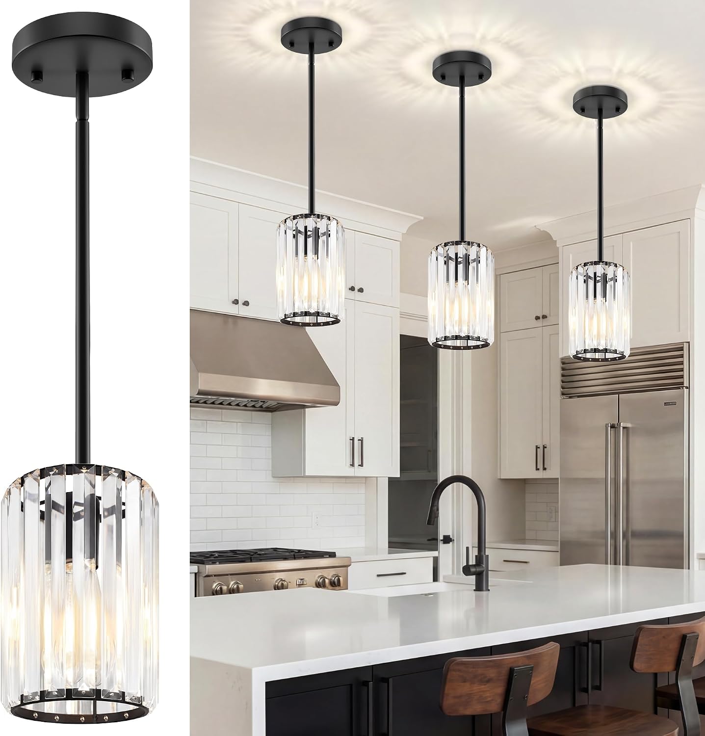 Black Pendant Light, Modern Crystal Pendant Lights Kitchen Island, Kitchen Island Lighting with Adjustable Height, UL Certified Island Lights for Kitchen Dining Room Bedroom Hallway 3 Pack