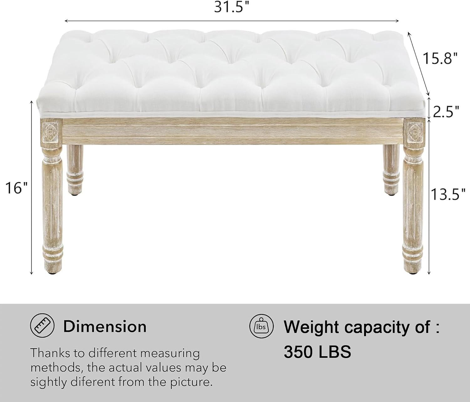 LOULENS French Vintage Bench, Linen Fabric Entryway Bench, Upholstered Tufted End of Bed Bench with Brushed Wood Legs, White
