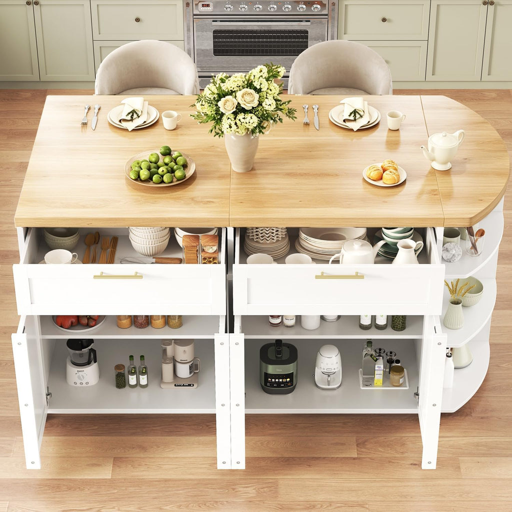 HSH 63” Large Kitchen Island with Storage & Seating, Modern Counter Height Island Table with 2 Drawers & Cabinets, 3 Oval Open Shelves, Stationary Island Prep Table for Kitchen Dining Room, Light Oak