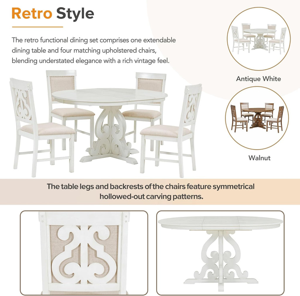 Merax Extendable Round Dining Table Set for 4-6, Farmhouse Kitchen Table Set with 4 Upholstered Chairs and Removable Leaf for Kitchen, Dining Room, Small Space, Antique White
