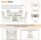 Merax Extendable Round Dining Table Set for 4-6, Farmhouse Kitchen Table Set with 4 Upholstered Chairs and Removable Leaf for Kitchen, Dining Room, Small Space, Antique White