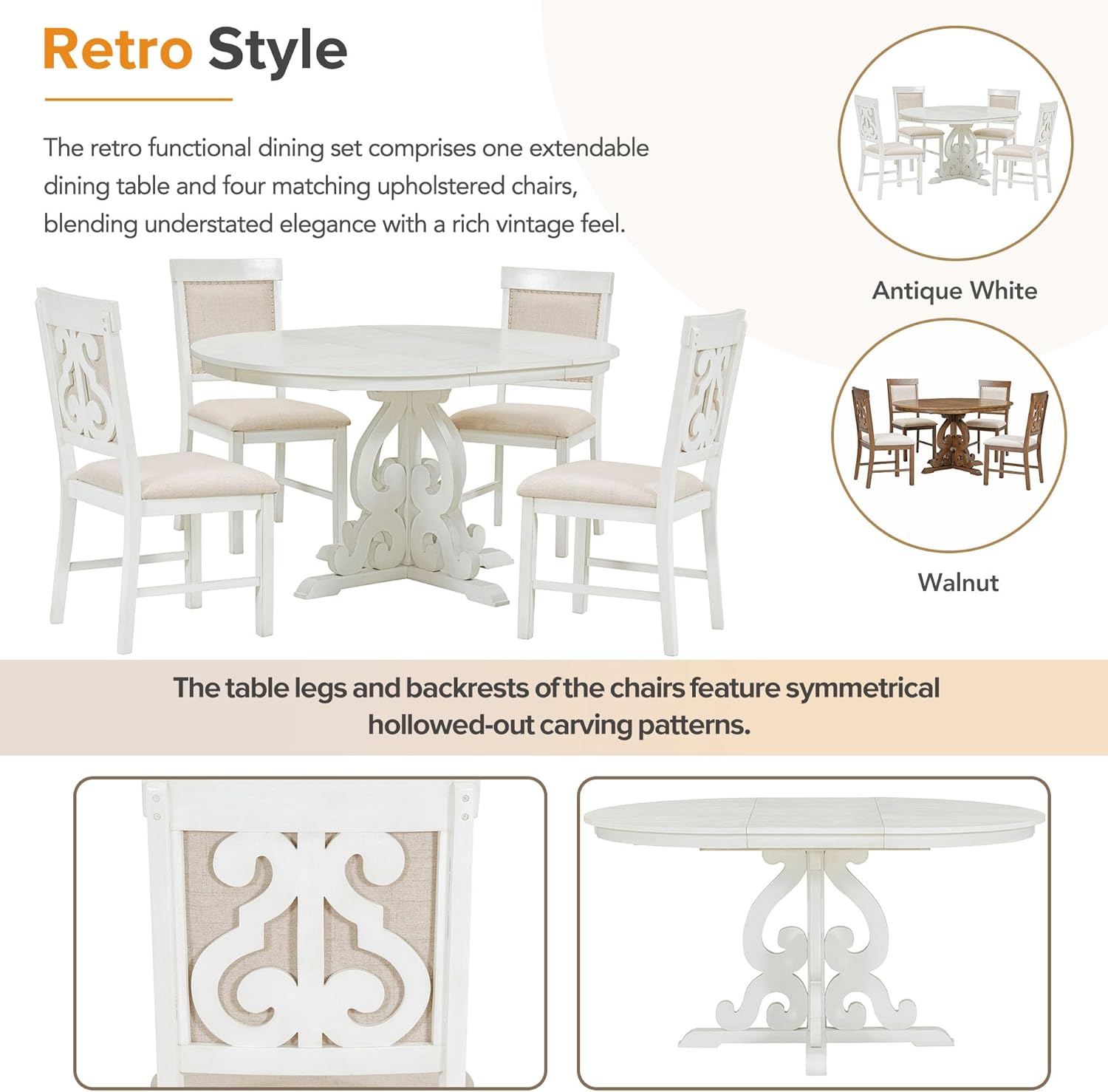Merax Extendable Round Dining Table Set for 4-6, Farmhouse Kitchen Table Set with 4 Upholstered Chairs and Removable Leaf for Kitchen, Dining Room, Small Space, Antique White