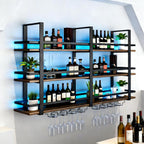 Wine Rack Wall Mounted with LED Lights, 3 Tier Metal Liquor Floating Display Shelves, with Wine Glass Rack, Iron & Wood Industrial Wall Wine Rack, for Bar, Kitchen, Cafe (Black, 63in)