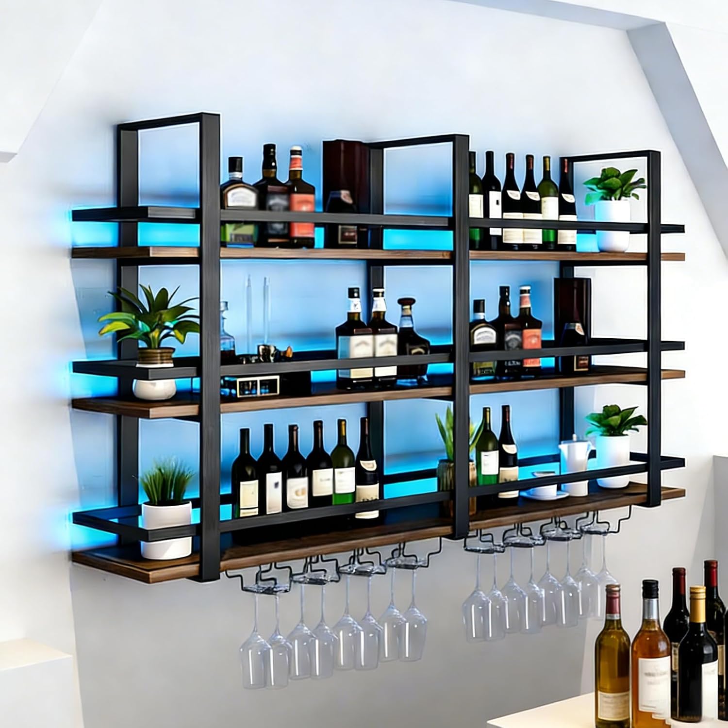 Wine Rack Wall Mounted with LED Lights, 3 Tier Metal Liquor Floating Display Shelves, with Wine Glass Rack, Iron & Wood Industrial Wall Wine Rack, for Bar, Kitchen, Cafe (Black, 63in)