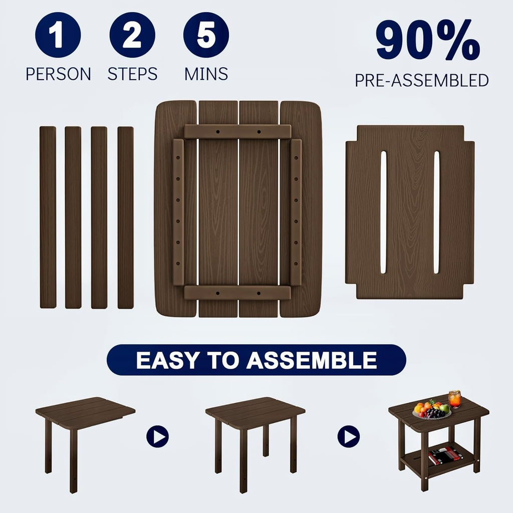Folding Adirondack Chair 3-Piece Set - 38" Extra Tall Back & Embossed Wood Grain, Oversized HDPE Patio Furniture with Side Table & Cup Holders, 380lb Heavy Duty,Coffee