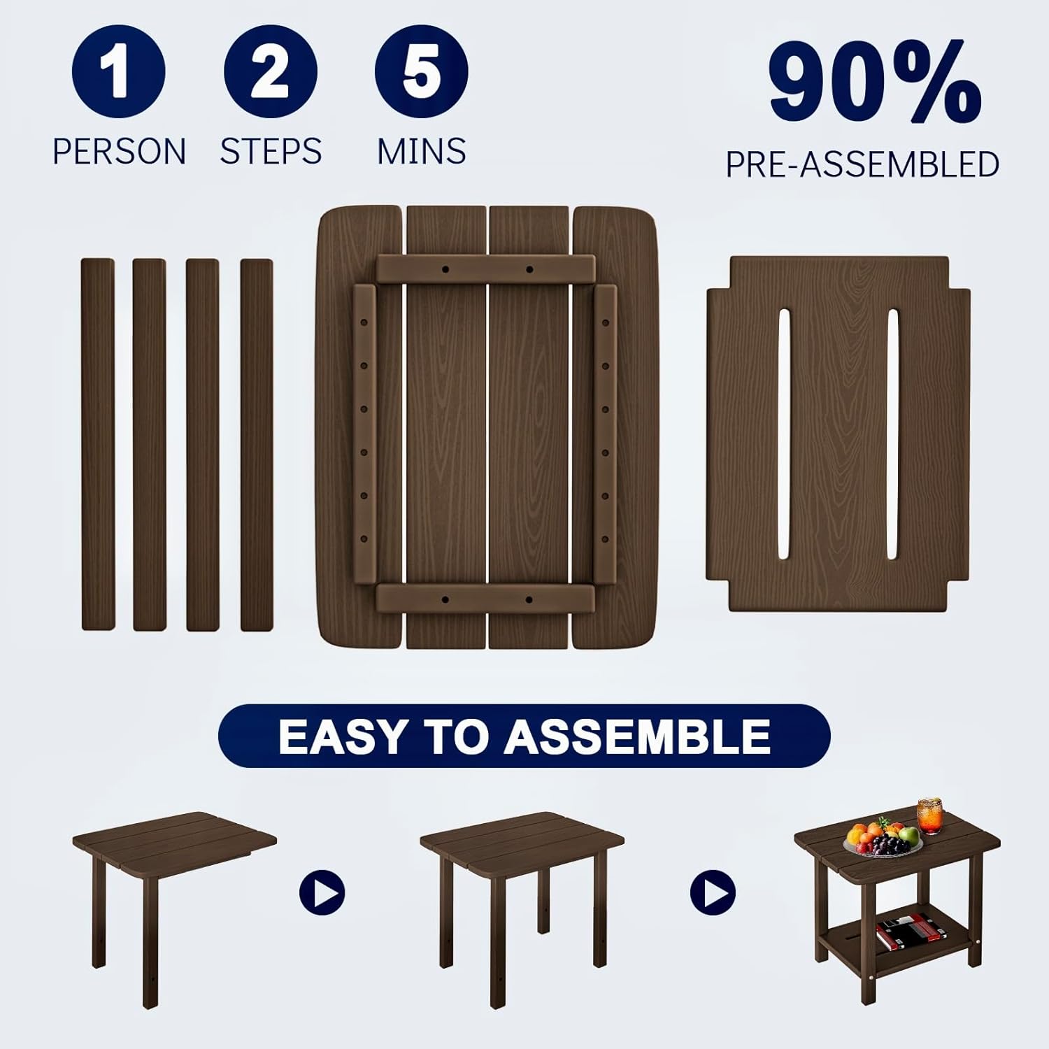 Folding Adirondack Chair 3-Piece Set - 38" Extra Tall Back & Embossed Wood Grain, Oversized HDPE Patio Furniture with Side Table & Cup Holders, 380lb Heavy Duty,Coffee
