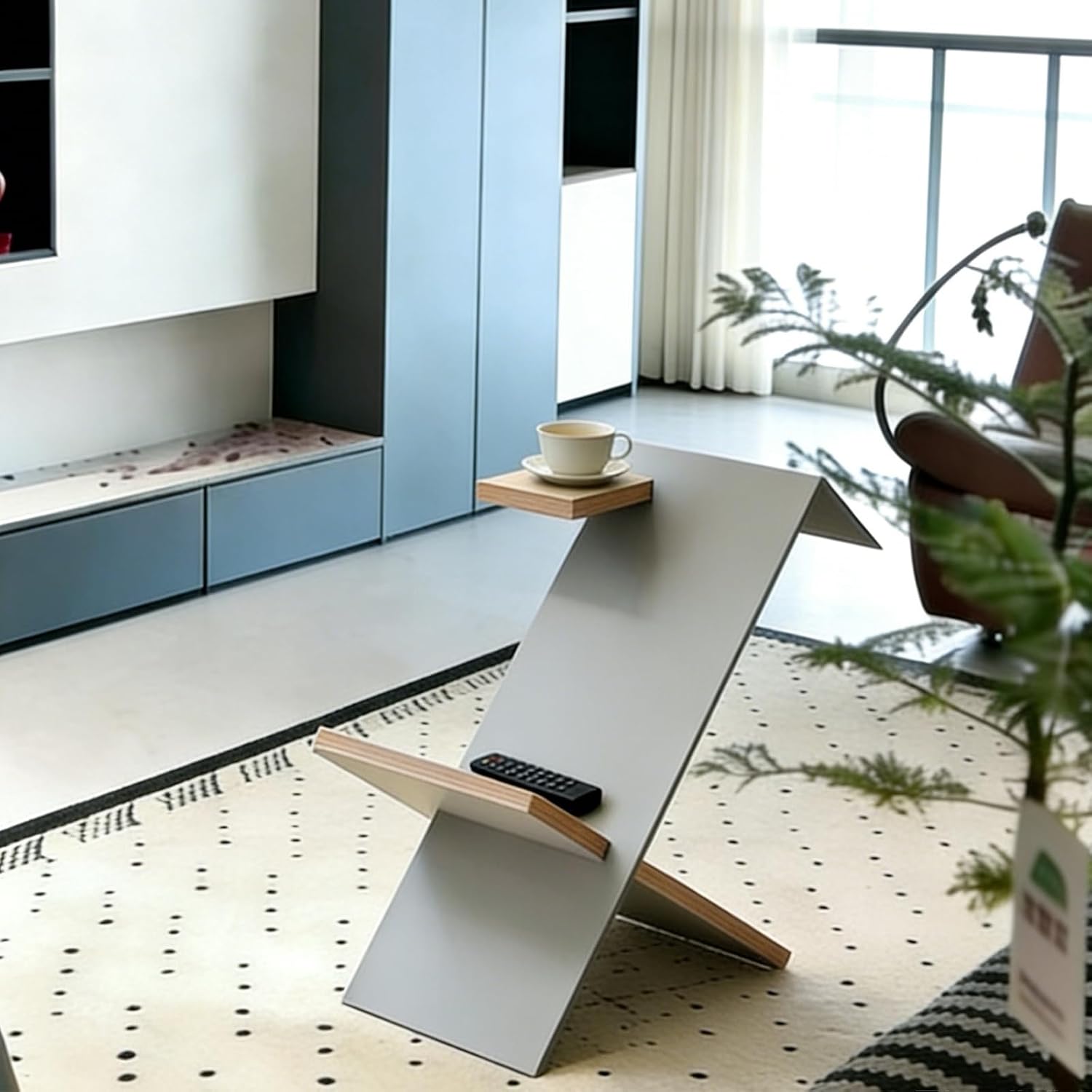 Modern Bauhaus Style Side Table, 201 Stainless Steel, Z-Shape Magazine Rack with Wood Shelves, Minimalist Sofa End Table for Couch Dinner Coffee Drink Table TV Snack Tray, 19.5 x 15.7 x 11.8 Inches