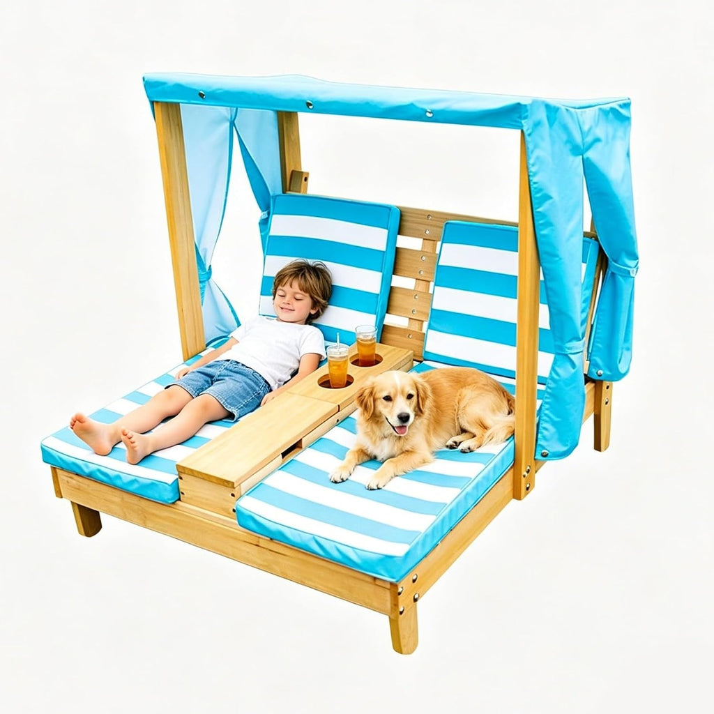Kids Chaise Lounge Chair Outdoor, Toddler Wood Double Pool Lounger Chairs w/Canopy, Cup Holders, Removable Stripped Fabric Cushions, for Lawn, Pool, Garden, and Yard(Light Blue)