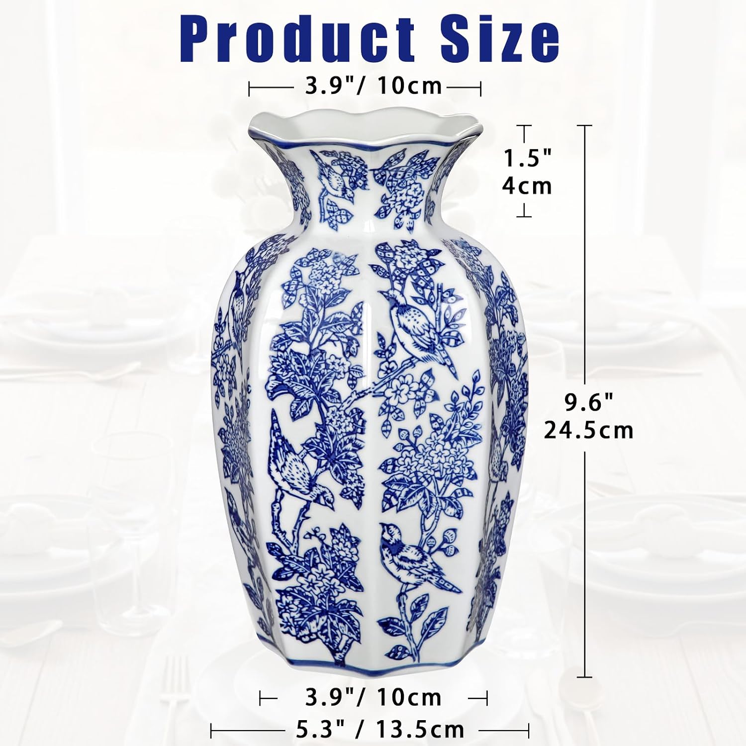 Blue and White Vase Vintage Blue Ceramic Vase for Home Decor 9.6 Inch Decorative Porcelain Floral Bird Chinoiserie Ceramic Vases for Centerpiece Living Room Kitchen Shelf