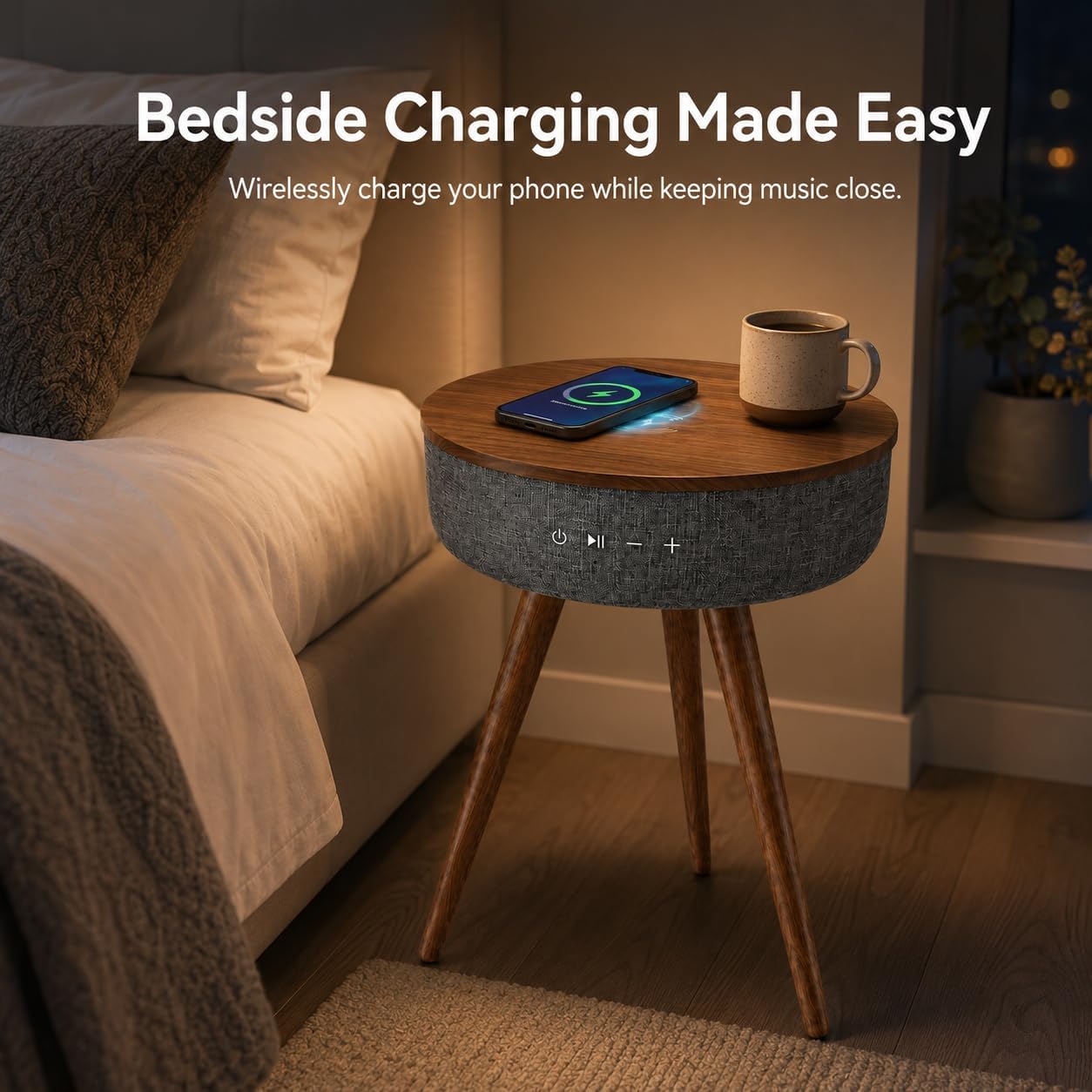 Smart Side Table with Wireless Charger, Modern Smart End Table with Speaker, 16" Coffee Table with USB Charging Port for Bedroom, Living Room, Office