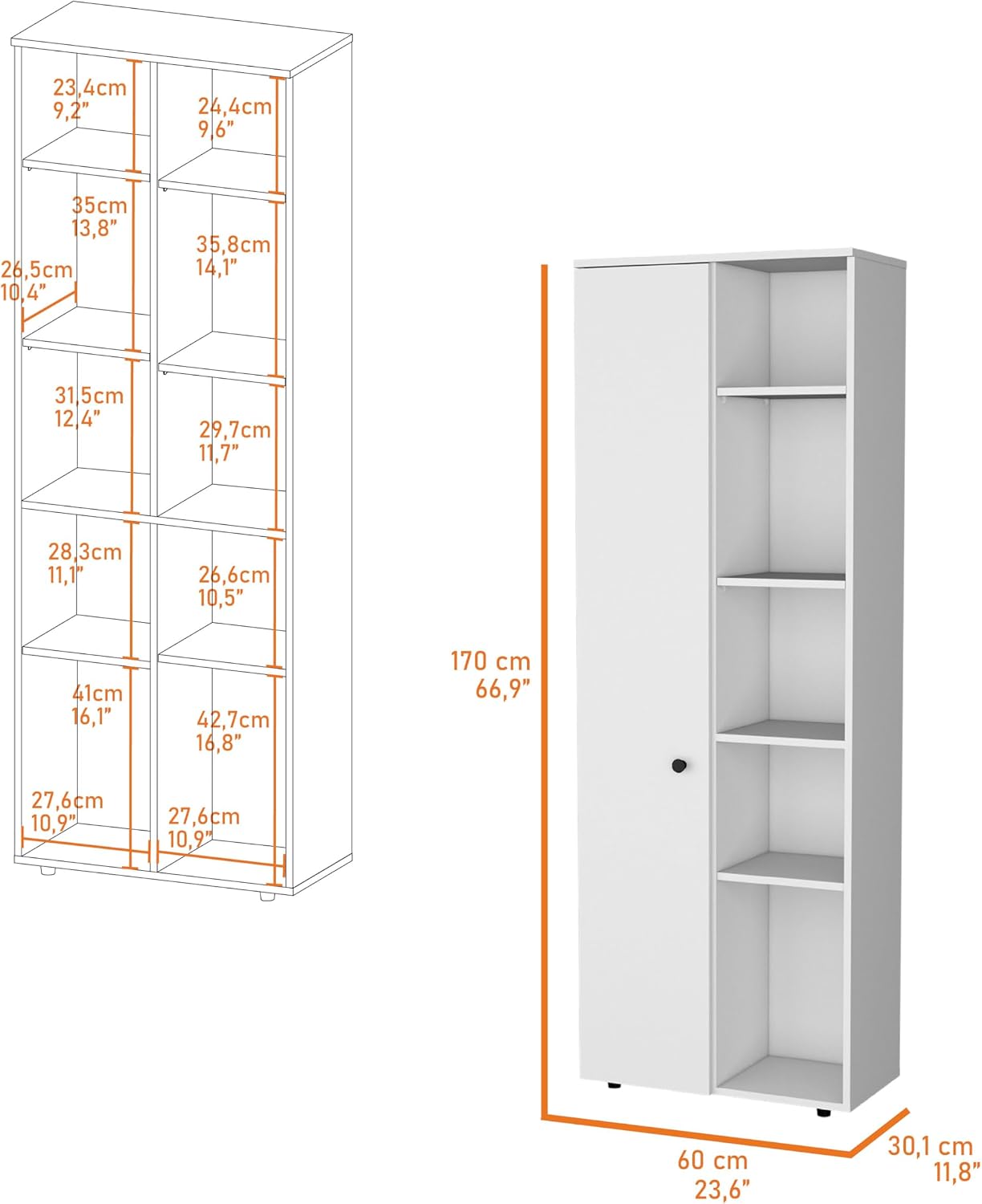 23.6" D*11.8" W*66.9" H Freestanding Kitchen Pantry with 8 Shelves, Double Door, Rectangular Storage Cabinet, Modern Minimalist, for Living Room, Dining Room, White