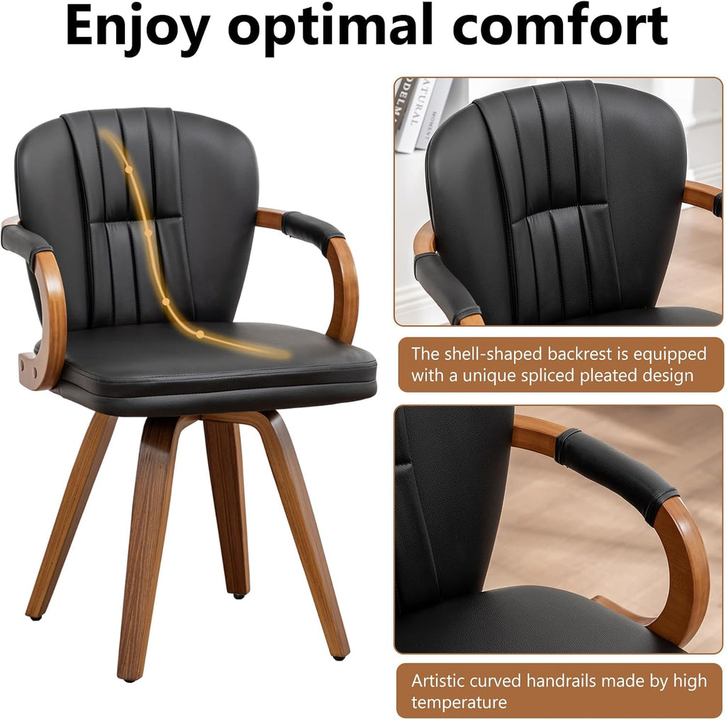 Swivel Dining Chairs Set of 2 Mid Century Modern Black Faux Leather Upholstered Kitchen Chairs with Bentwood Frame Armrests Side Chairs,Comfortable Ergonomic Wood Accent Chair No Wheels