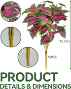 6 Pc Artificial Plants Outdoor, UV Resistant Artificial Outdoor Plants, Faux Coleus Plants with Stems, Fake Greenery Outdoor Plants for Porch Decor, Patio, Garden, Walkway & Outdoor Planters