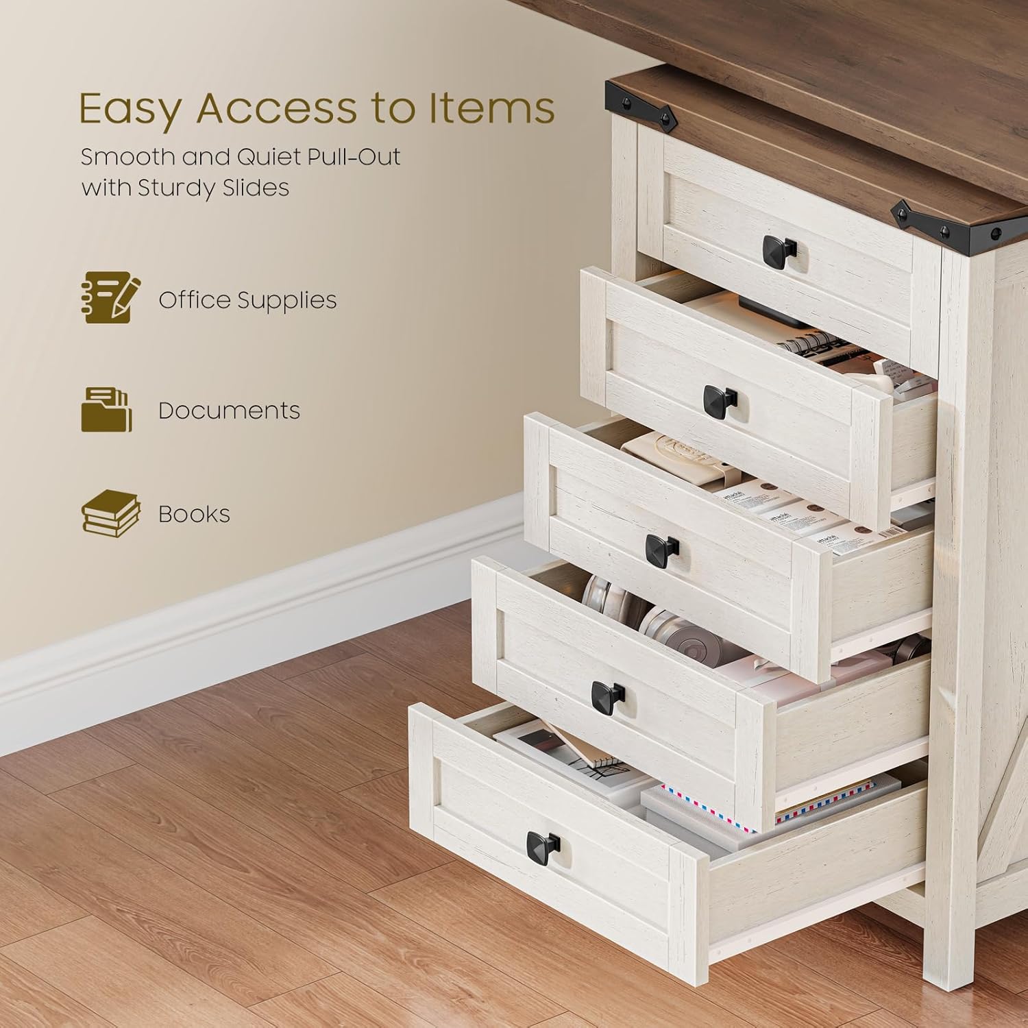 Halitaa 5 Drawer Storage Cabinet, Office Storage Cabinet with 5 Drawers, Small Farmhouse Printer Stand for Home Office, Rustic White and Brown