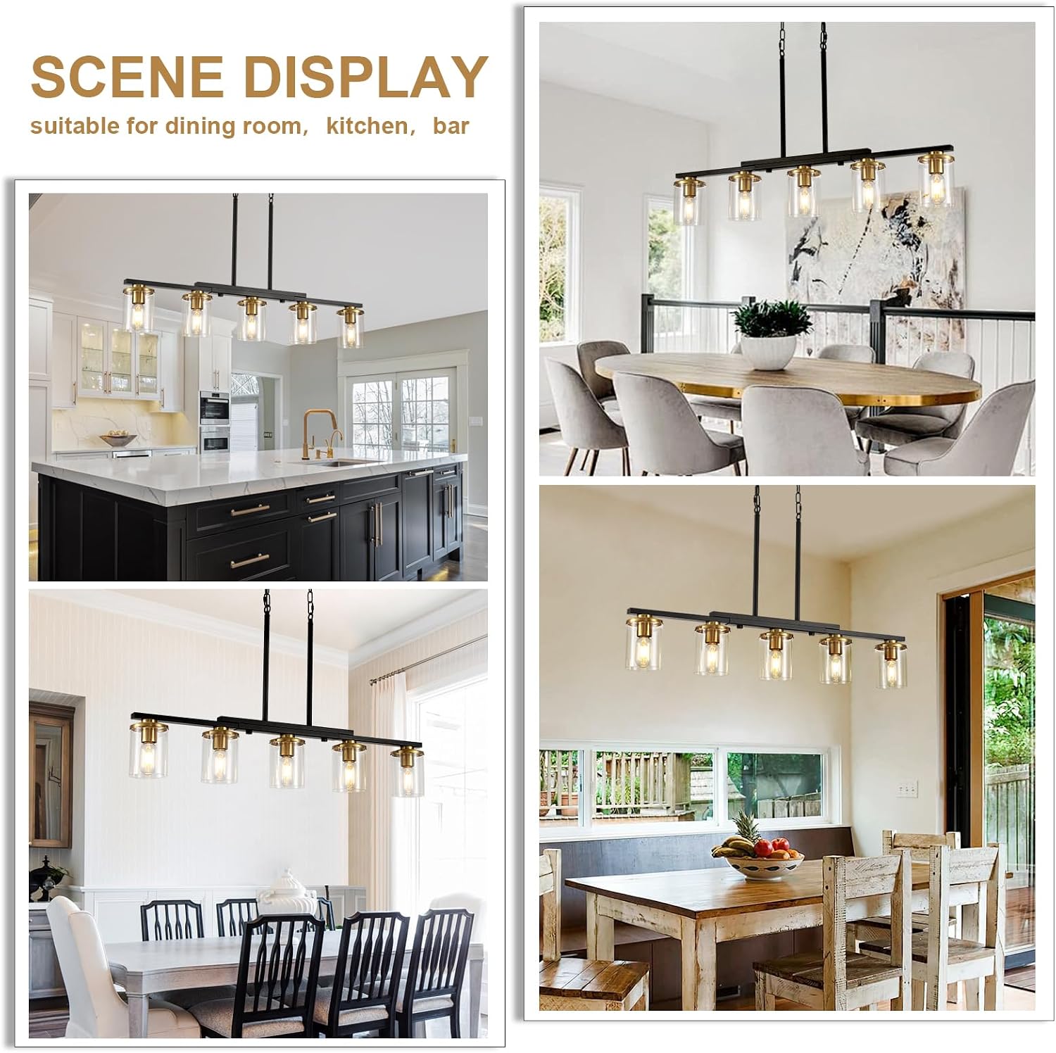 36.2inch 5-Light Kitchen Island Lighting,Dining Room Lights Modern Farmhouse Chandelier with Clear Glass Shade,Modern Rustic Black and Gold Metal Chandelier, Kitchen Pendant Light Fixtures