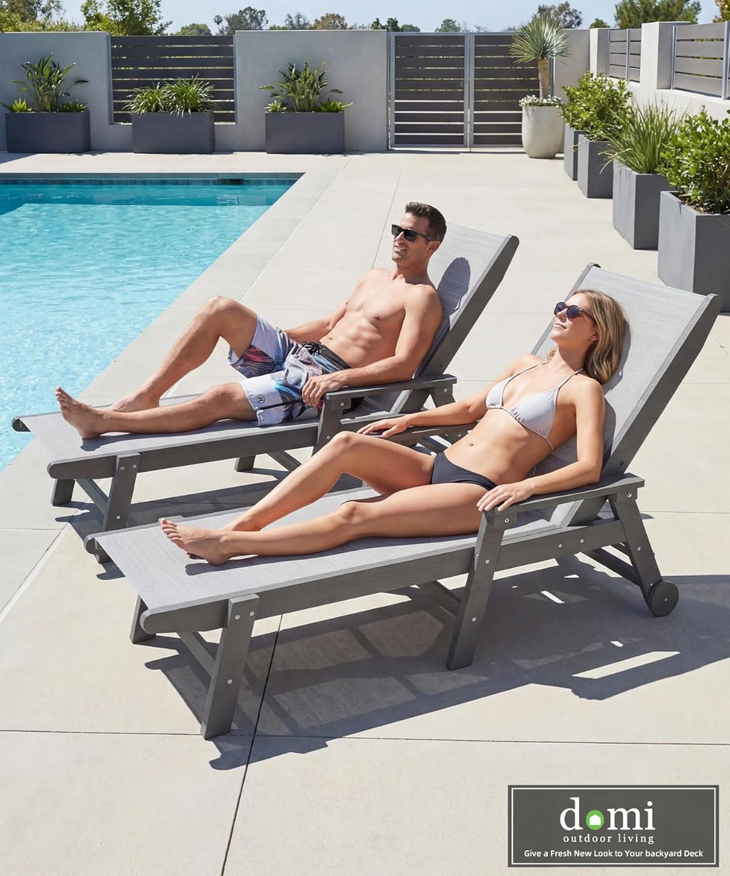 Domi Outdoor Pool Lounge Chairs Set of 2, HDPE Patio Lounge Chair with Wheels, Chaise Lounge Chair for Pool, Sunbathing Tanning, Lawn, Grey