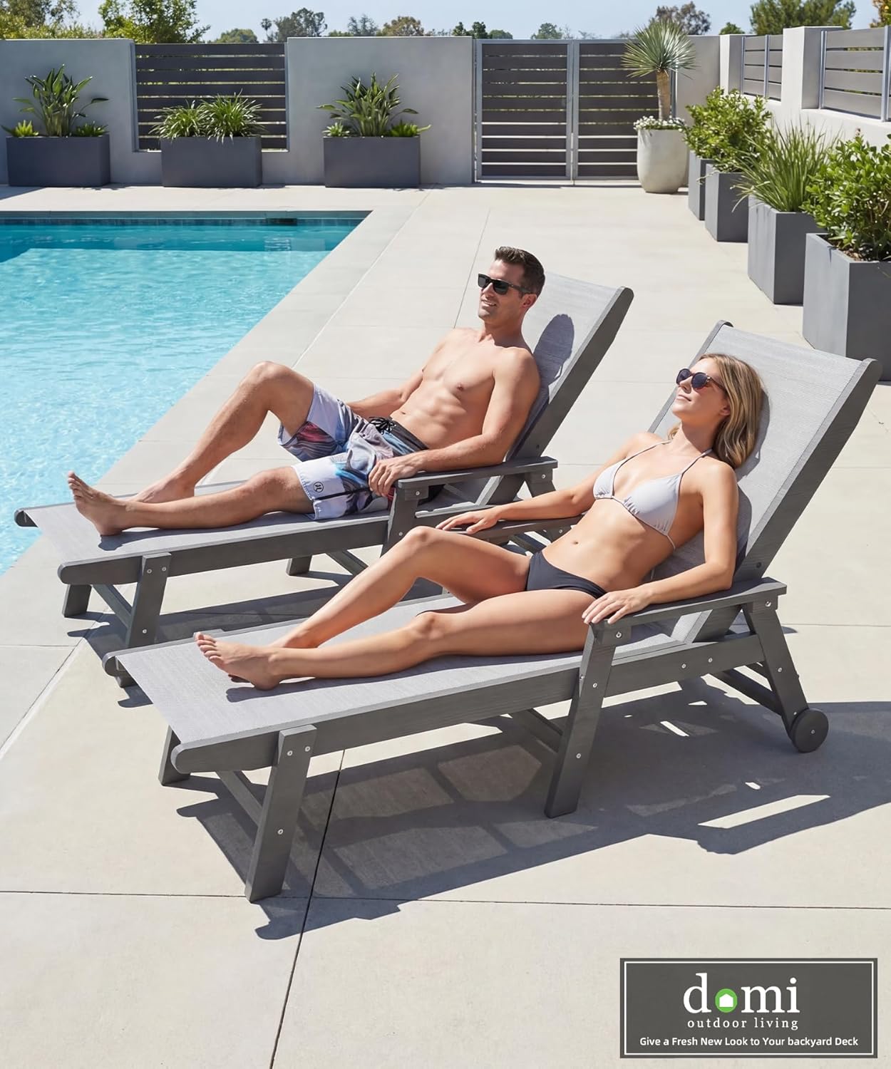 Domi Outdoor Pool Lounge Chairs Set of 2, HDPE Patio Lounge Chair with Wheels, Chaise Lounge Chair for Pool, Sunbathing Tanning, Lawn, Grey