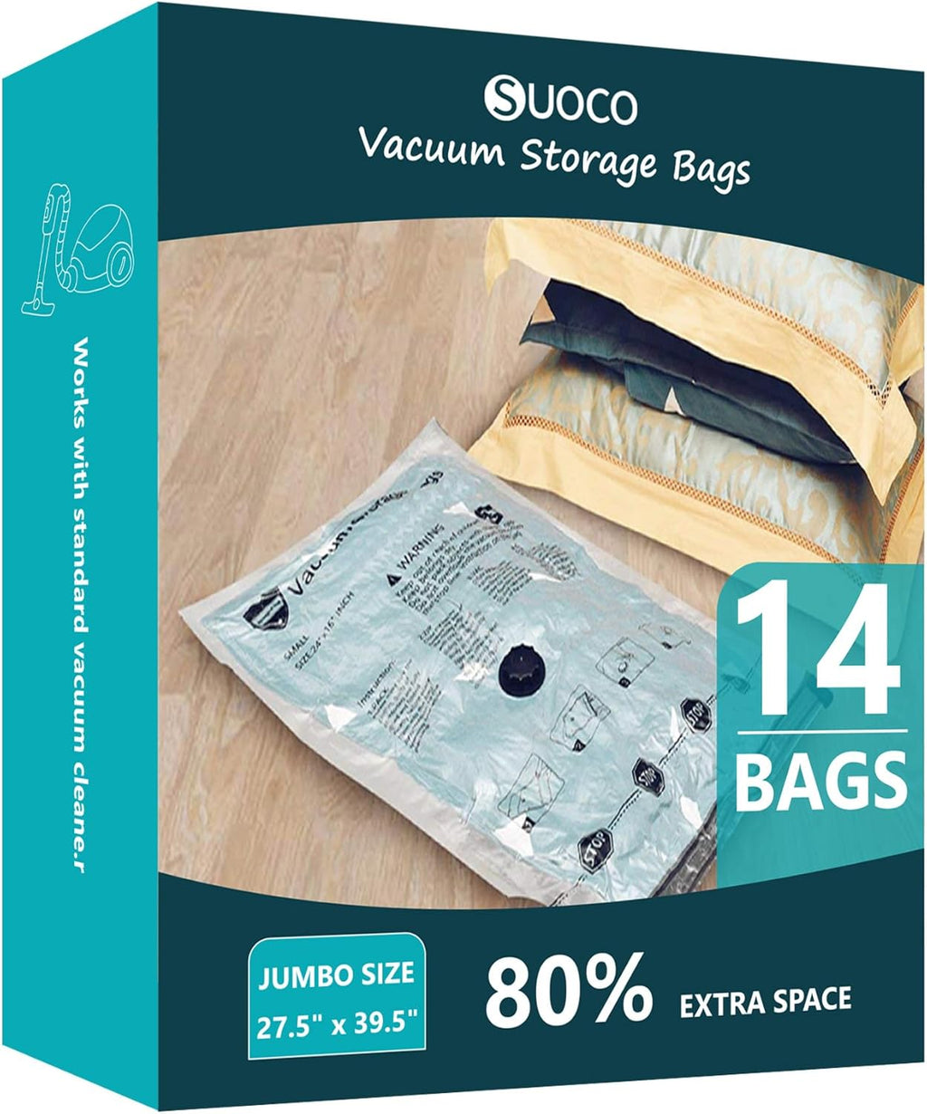 Vacuum Storage Bags, Compression Packing Space Saver Seal Bags for Clothing Bedding Comforters Blankets Pillows, 14 Jumbo