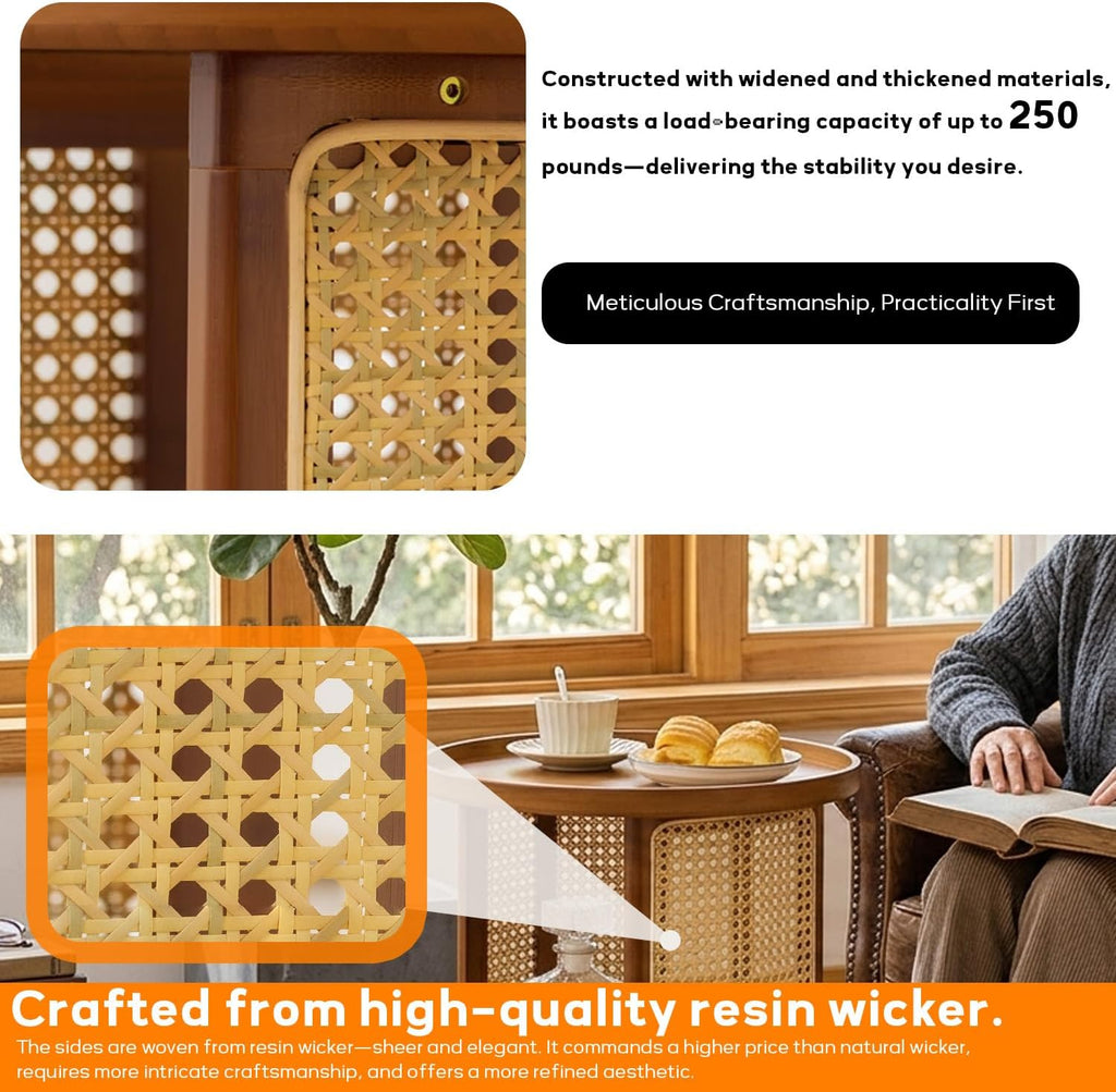 Rattan Coffee Table Round End Table with 2 Layer Storage Bamboo Living Room Side Table for Sofa Bedroom Balcony Small Space