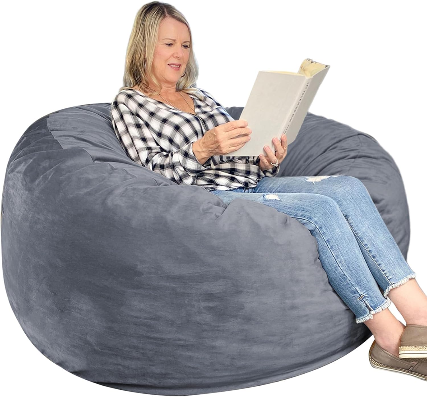 WhatsBedding 3 ft Bean Bag Chair,Large Bean Bag Chairs for Adults with Memory Foam Filling,Lazy Bean Bag Sofa for Living Room,Ultra Soft Velvet Fabric,Pull-Handle,Side-Pocket - 3 Foot,Dark Grey