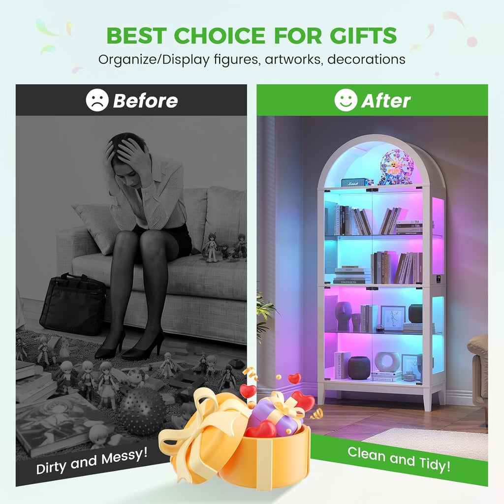 HNEBC Arched Display Case with RGB Lights, 69" Tall 5-Tier Tempered Glass Display Cabinet with Doors, LED Curio Cabinet with Shelf, Bookcase with Music-Synced Lighting for Living Room(White)