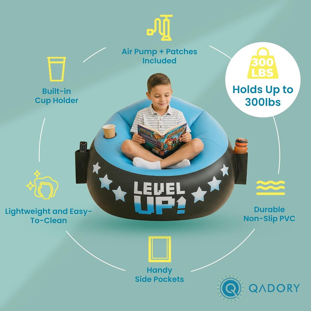 Inflatable Gaming Chair for Kids – Supports Up to 300 lbs, Includes Air Pump, Cup Holder, 2 Pockets – Durable Bean Bag Seat, Comfy Kids Gaming Chair & Top Gamer Chairs for Kid Room