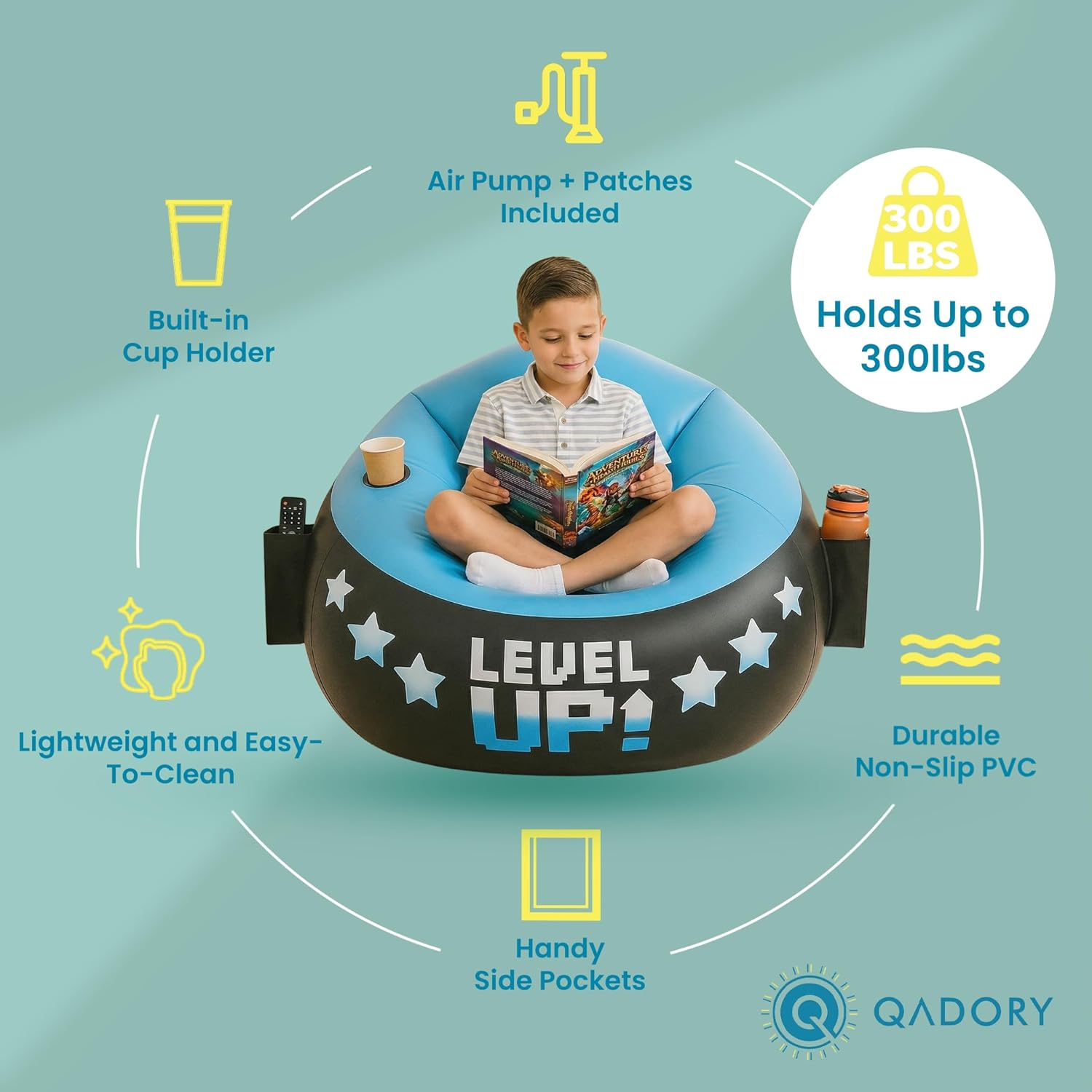 Inflatable Gaming Chair for Kids – Supports Up to 300 lbs, Includes Air Pump, Cup Holder, 2 Pockets – Durable Bean Bag Seat, Comfy Kids Gaming Chair & Top Gamer Chairs for Kid Room