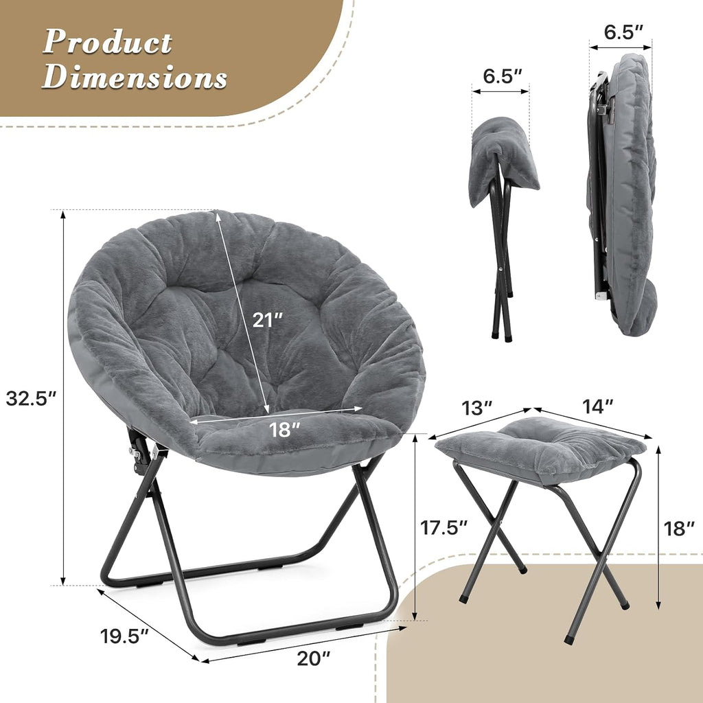 Athena Collection Oversized Saucer Chair with Ottoman, Comfy Lazy Chair for Bedroom Living Room, Folding Round Cozy Moon Chair Faux Fur Metal Frame Foldable Reading Chair for Adults, Grey
